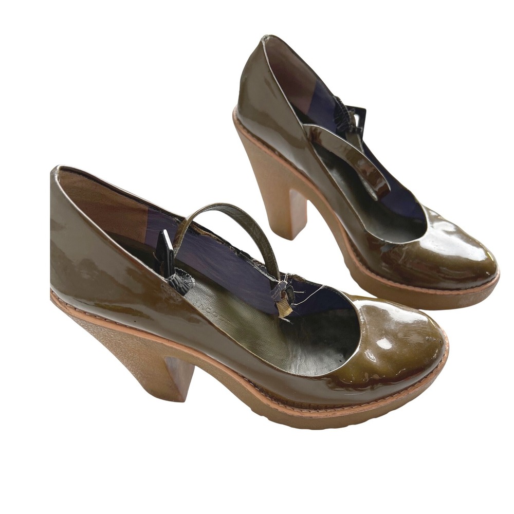 Marc Jacobs Olive Green Patent Leather Platform Mary Jane Block Heels Size 37.5 - Picture 2 of 11